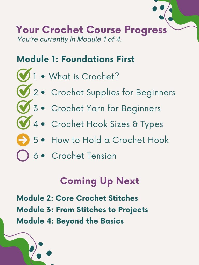 how to hold a crochet hook and yarn course progress box