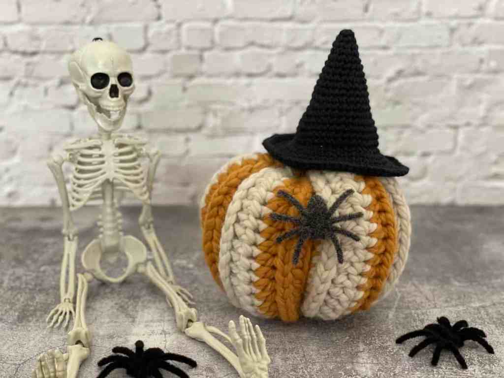 Spooky Halloween Pumpkin Decoration Free Crochet Pattern Image medium with witch hat