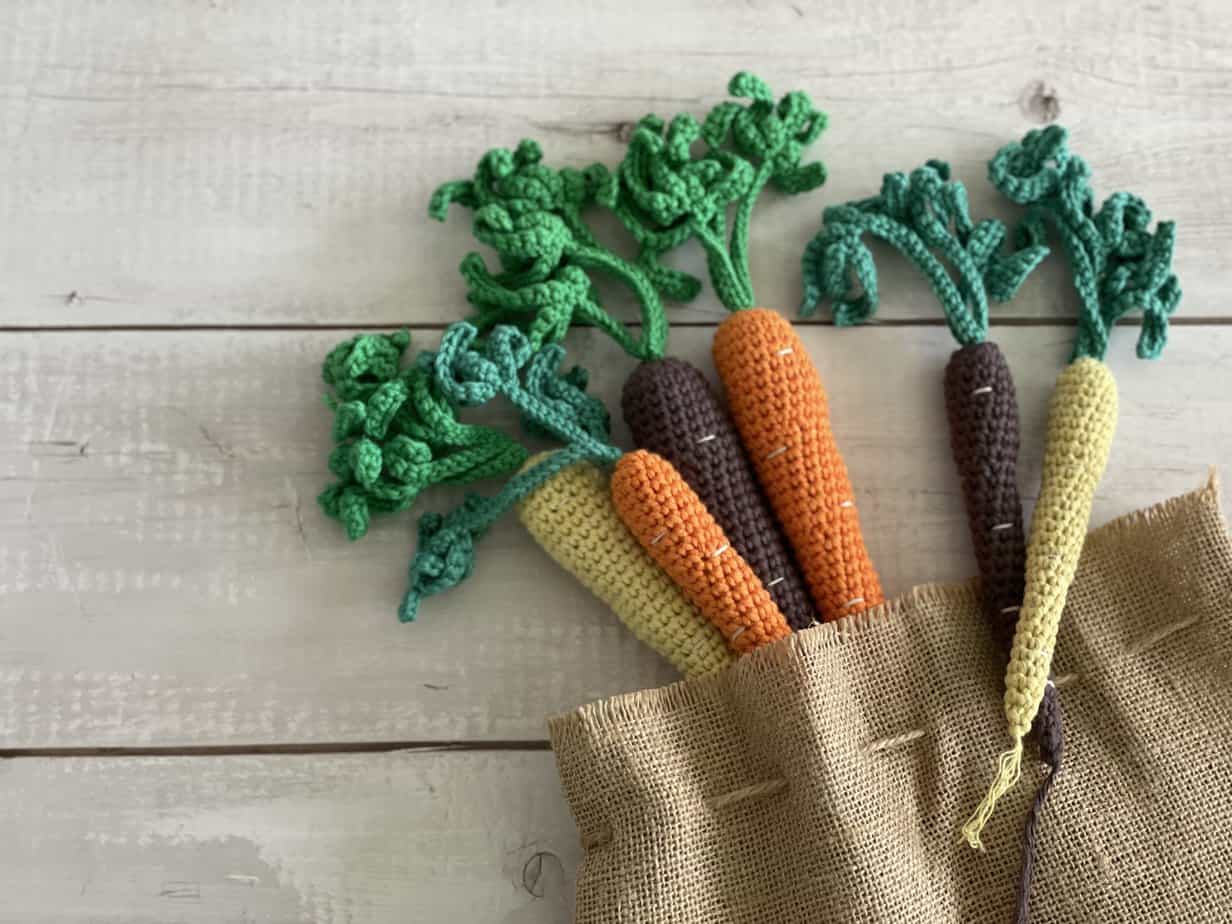 Crochet Rainbow Carrot Main Image in Burlap Sack