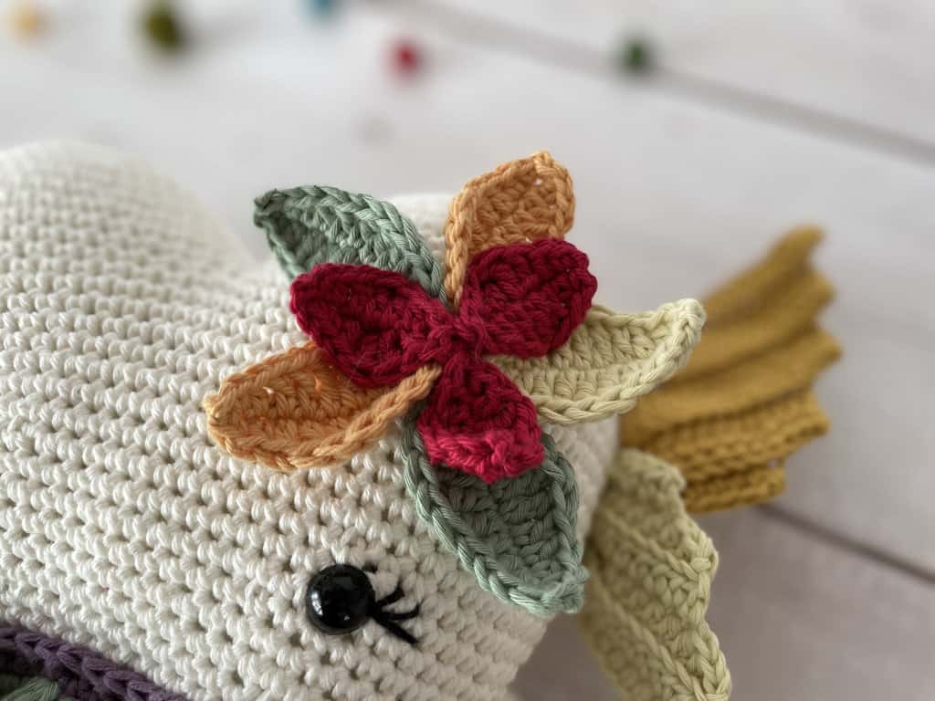 Crochet Tooth Fairy up close of leaf flower for head