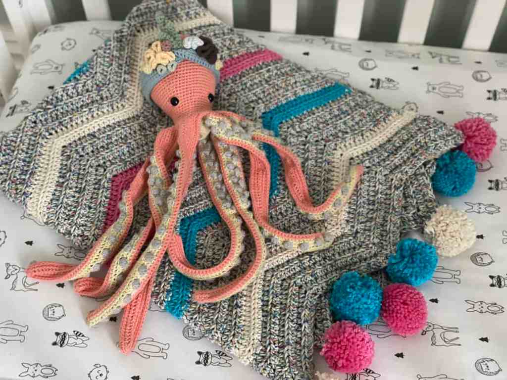 Chevron Blanket Free Crochet Pattern Blanket in Crib with Octopus