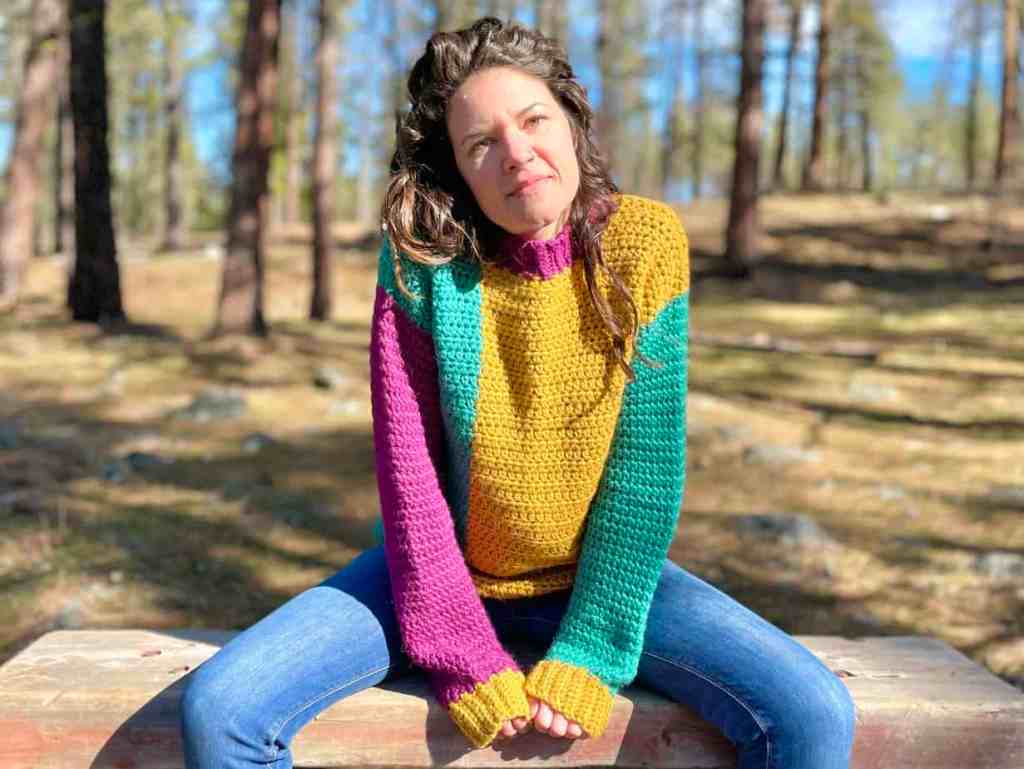 Bulky crochet sweater pattern modeled