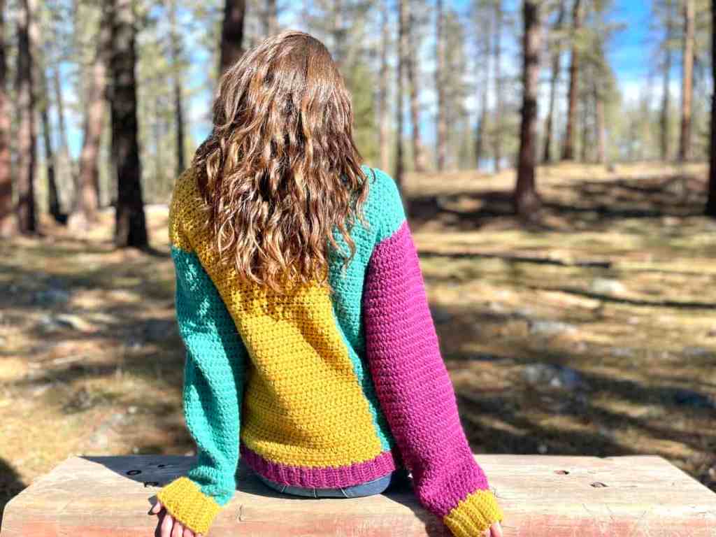 Bulky crochet sweater pattern modeled back