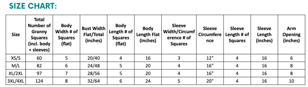 Size chart for granny square cardigan