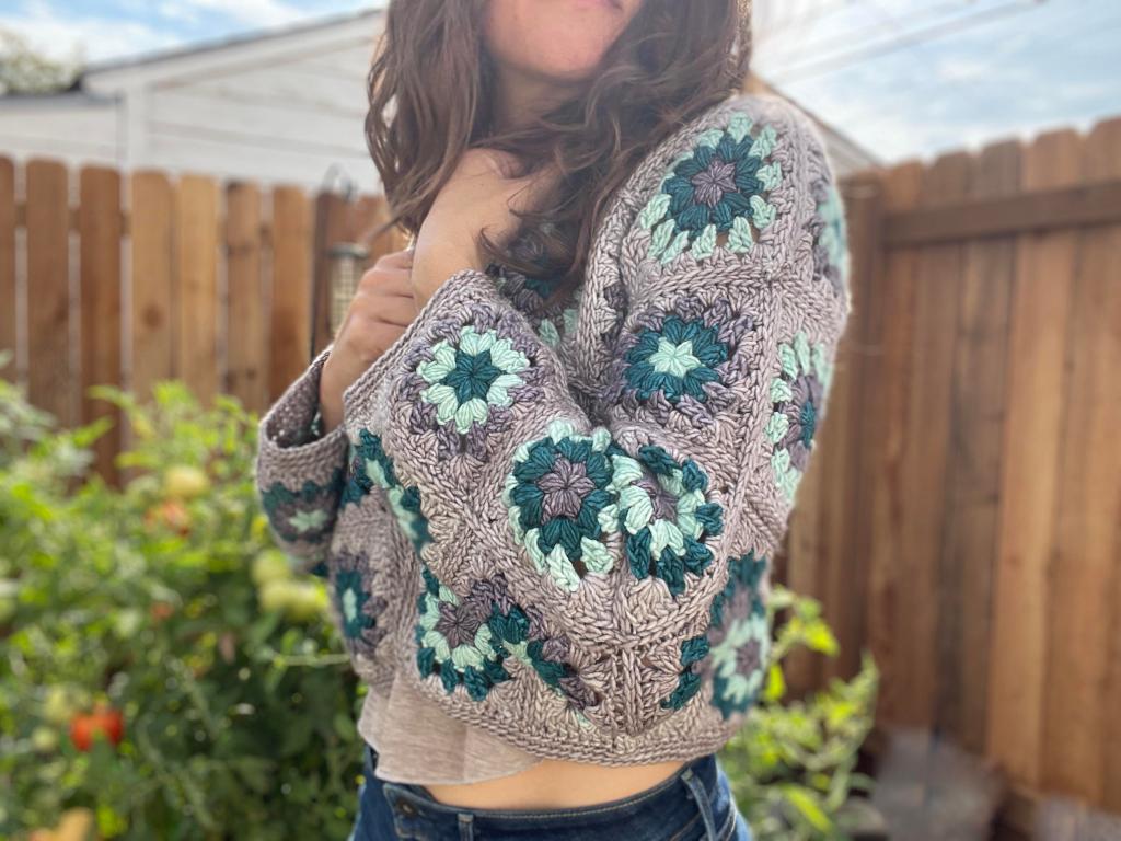 Granny Square Cardigan Free Crochet Pattern Model Image 4