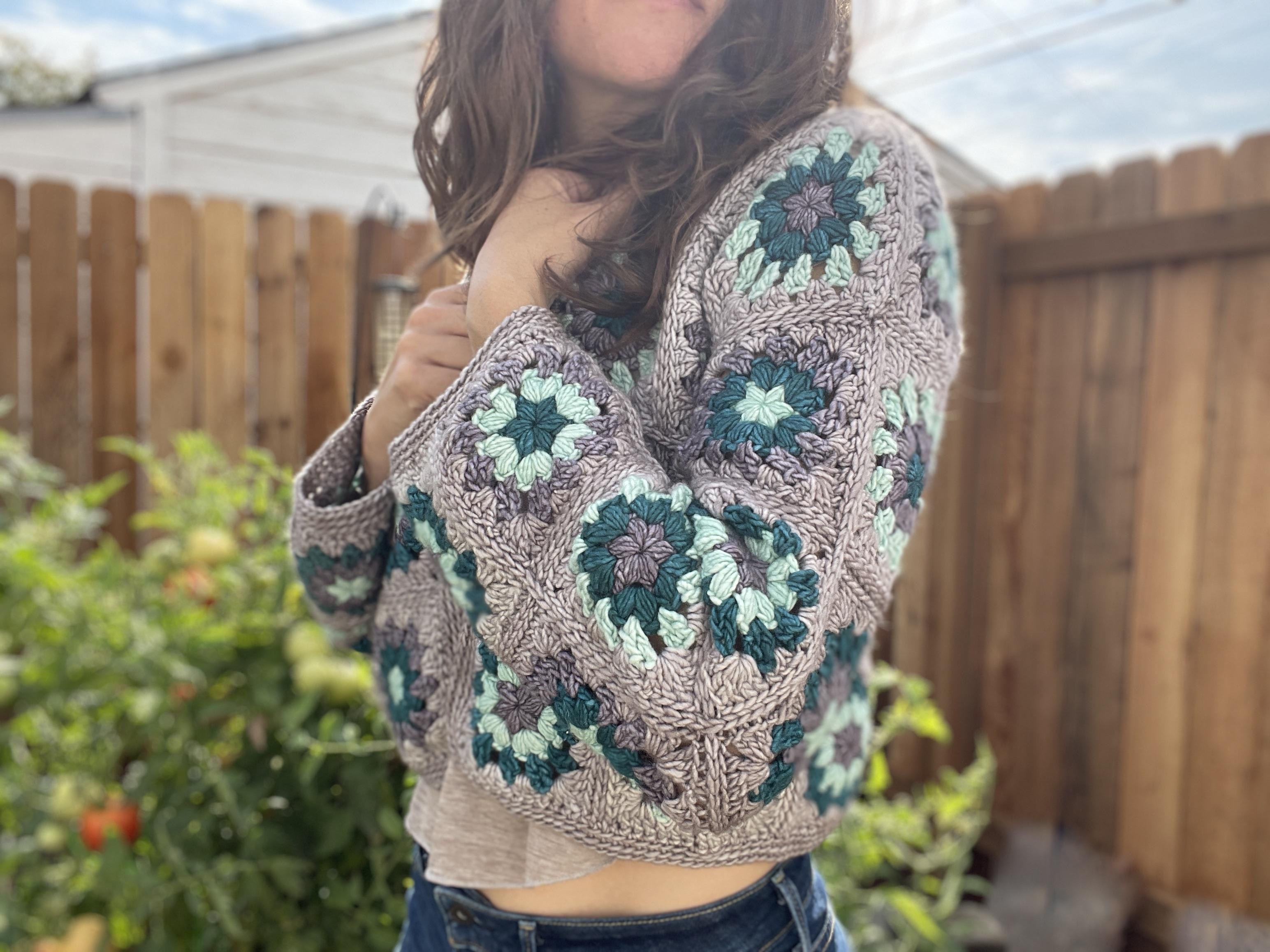 Granny Square Cardigan Free Crochet Pattern Model Image 4
