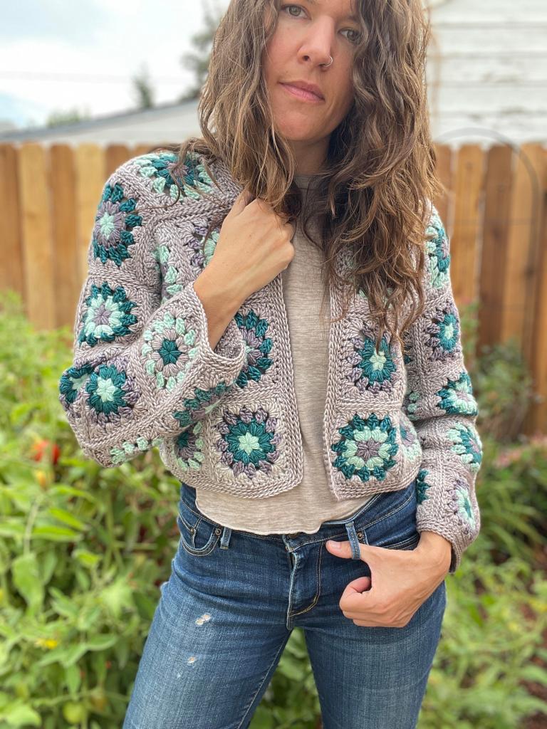 Granny Square Cardigan Free Crochet Pattern Model Image