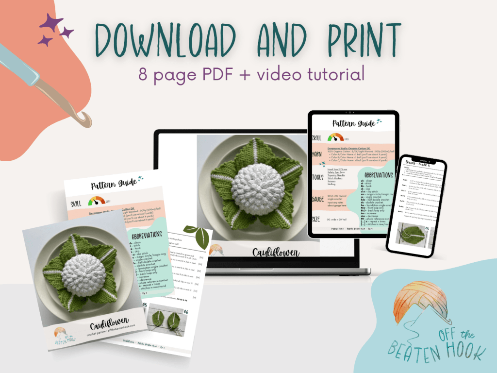 cauliflower crochet pattern pinterest pin - printable PDF preview image