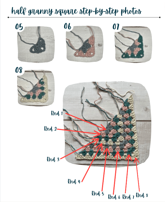 crochet half granny square step by step photos