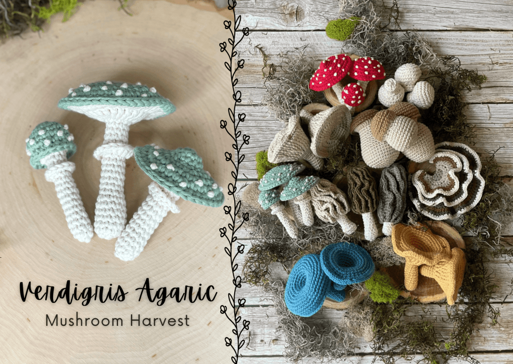verdigris agaric mushroom as part of the mushroom crochet pattern bundle