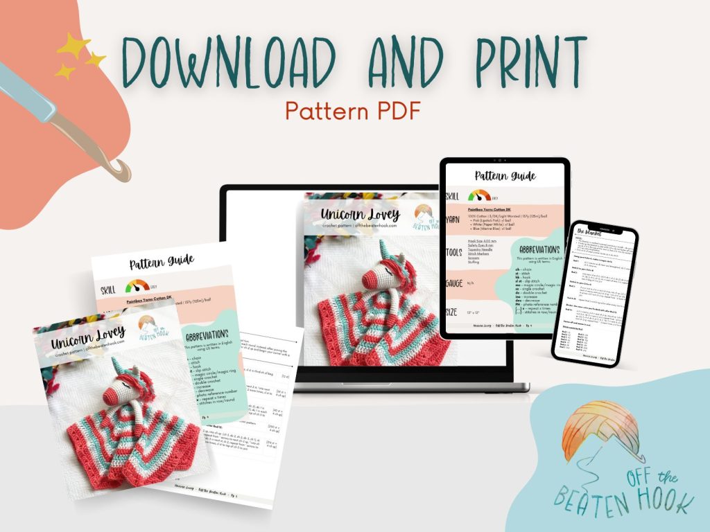 Unicorn lovey crochet pattern printable pattern PDF preview