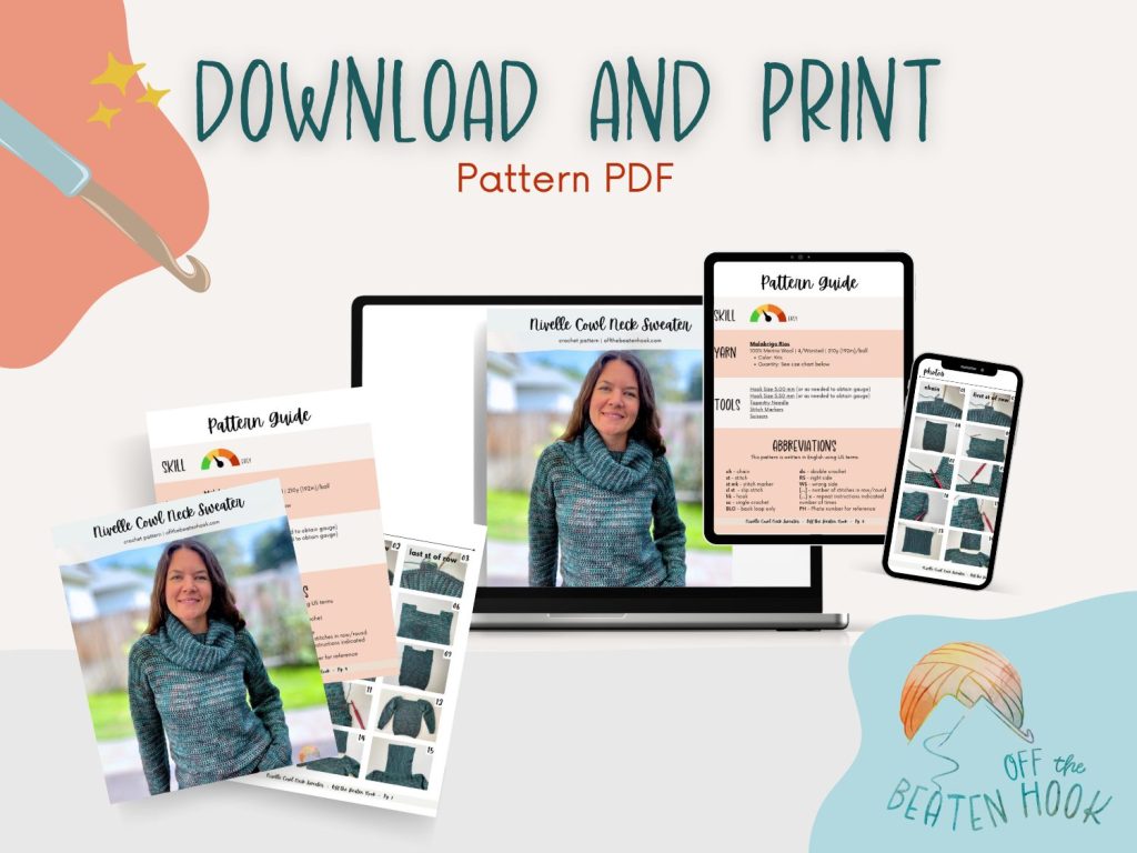 crochet cowl neck sweater pattern - printable PDF image