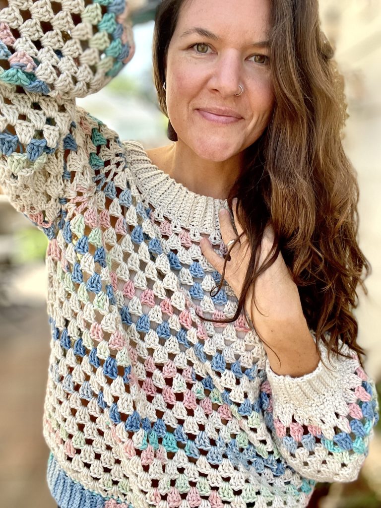 granny stitch sweater up close photo