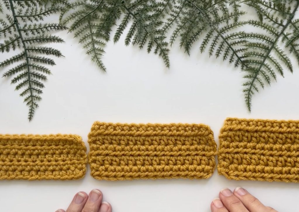 finished swatches depicting how different crochet tension changes the size of your project
