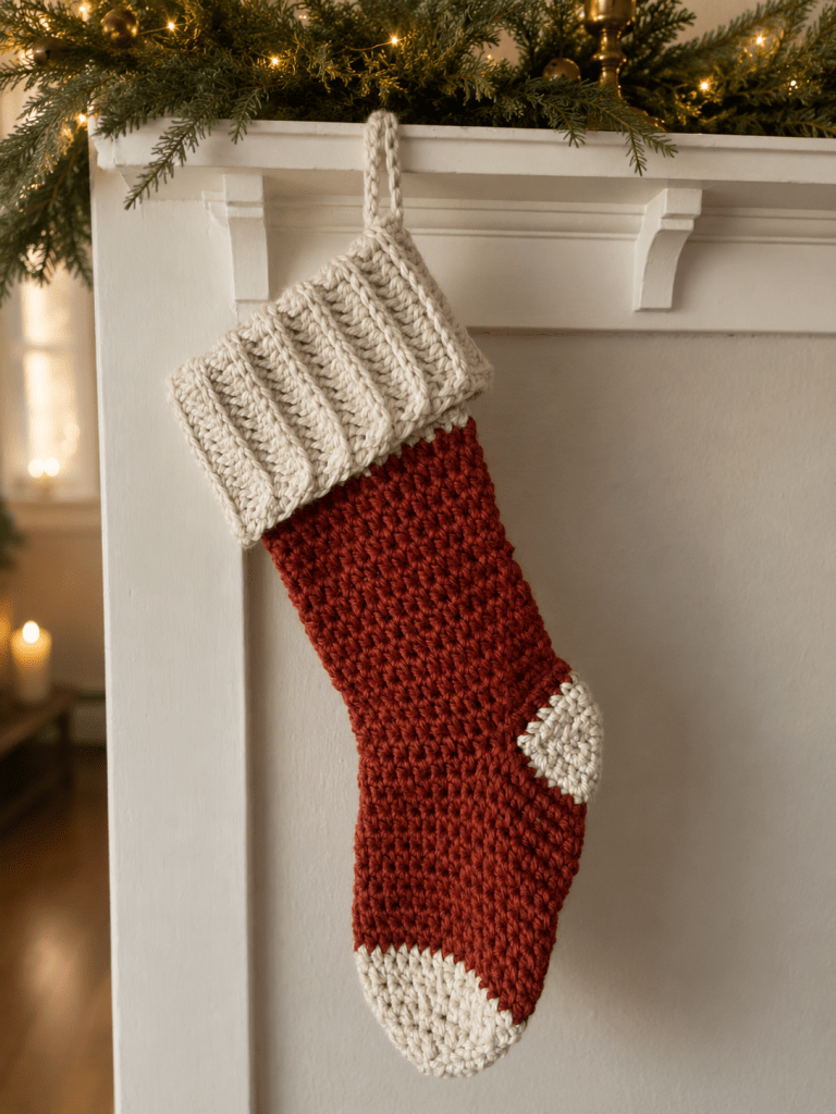 crochet christmas stocking - hanging from the mantel