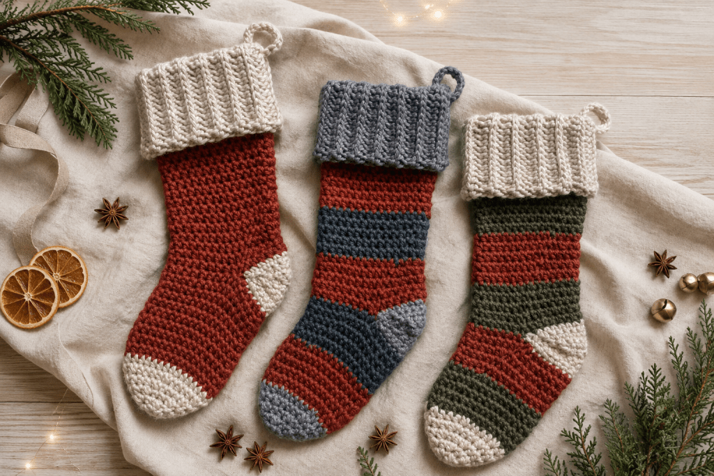 crochet christmas stocking - 3 stocking finished flatlay