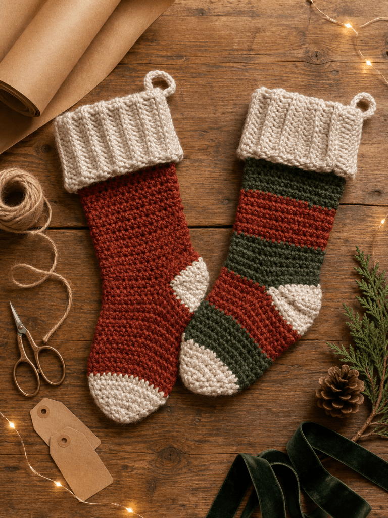 crochet christmas stocking flat lay image