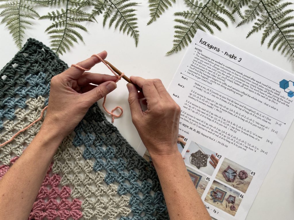 reading a crochet pattern together to complete a hexagon